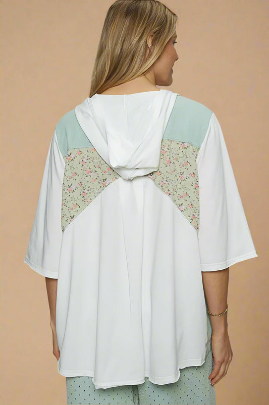 POL - White & Sage Floral Patchwork Hoodie Top