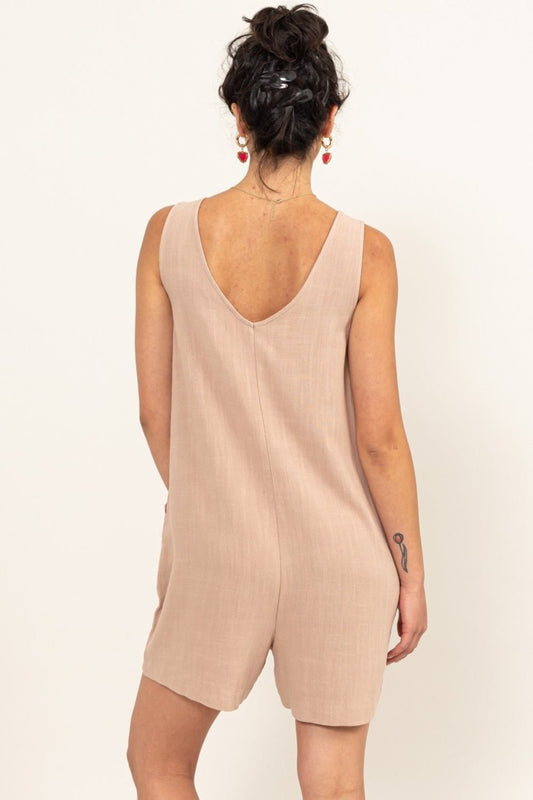 HYFVEV - Neck Sleeveless Romper with Pockets in Tan