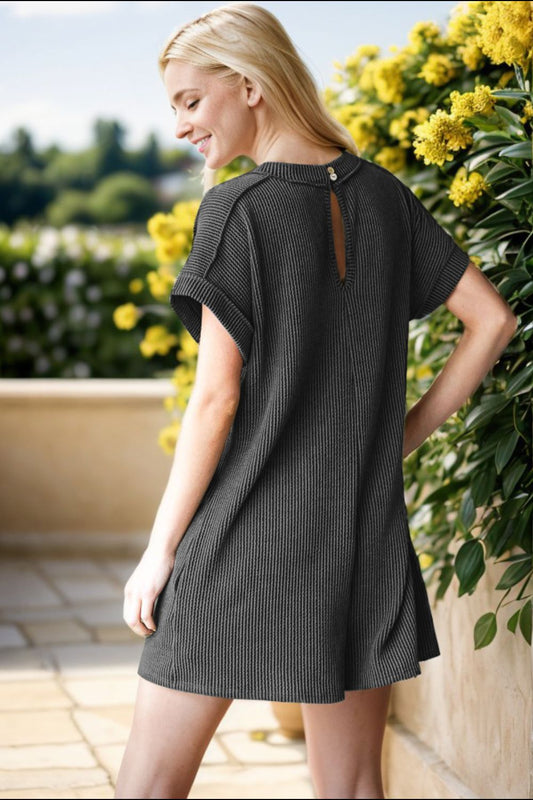 HeimishShort Sleeve Rib Knit Romper with Pockets in Charcoal