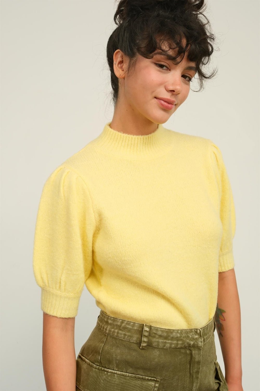 HYFVEMock Neck Puff Sleeve Sweater in Creamy Yellow