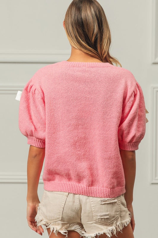 BiBiBow Detail Puff Sleeve Sweater in Pink Ivory