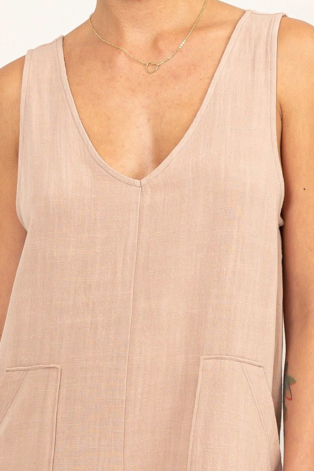 HYFVEV - Neck Sleeveless Romper with Pockets in Tan