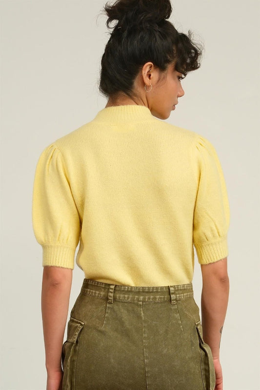 HYFVEMock Neck Puff Sleeve Sweater in Creamy Yellow