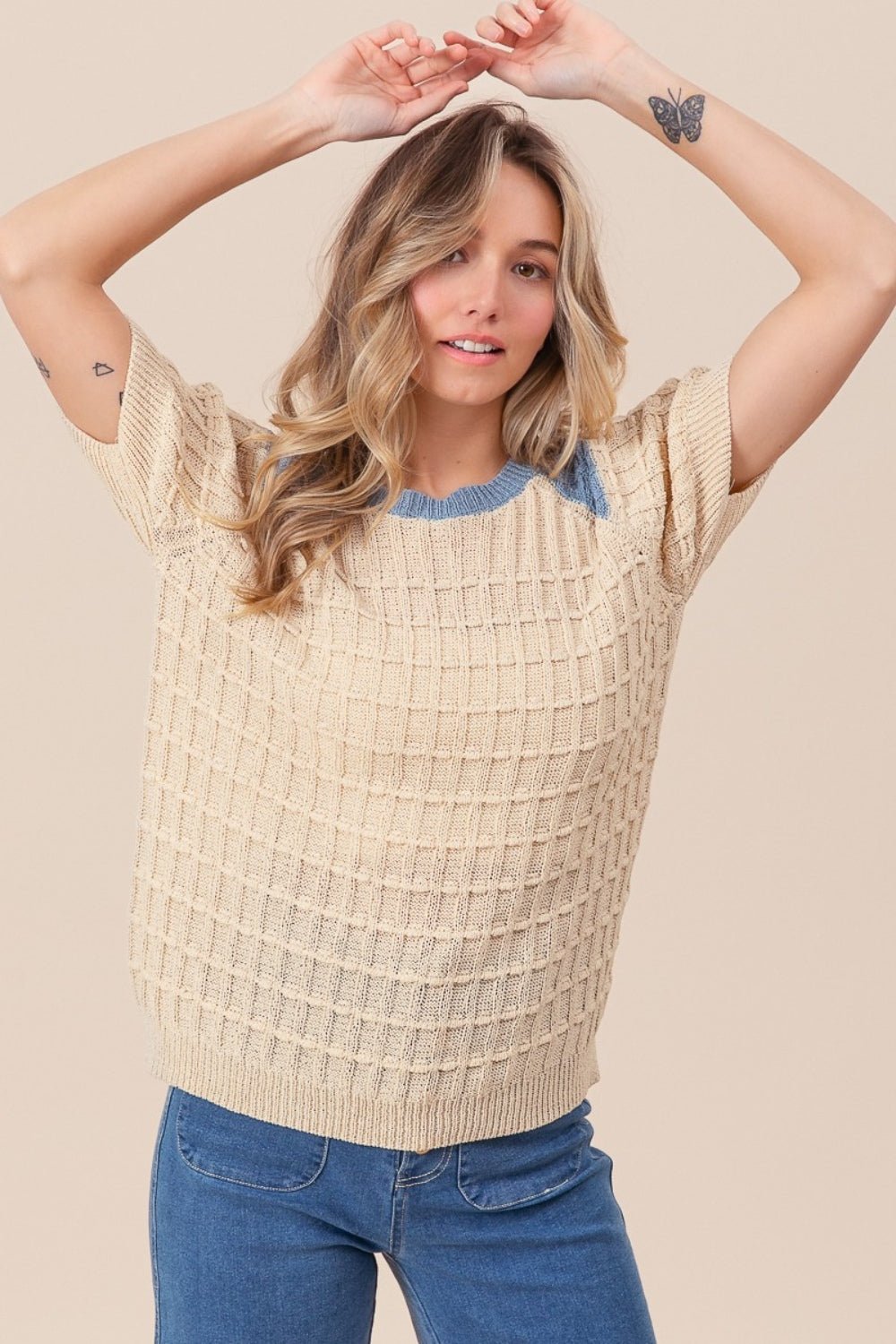BiBiTextured Contrast Short Sleeve Sweater in Oatmeal Denim