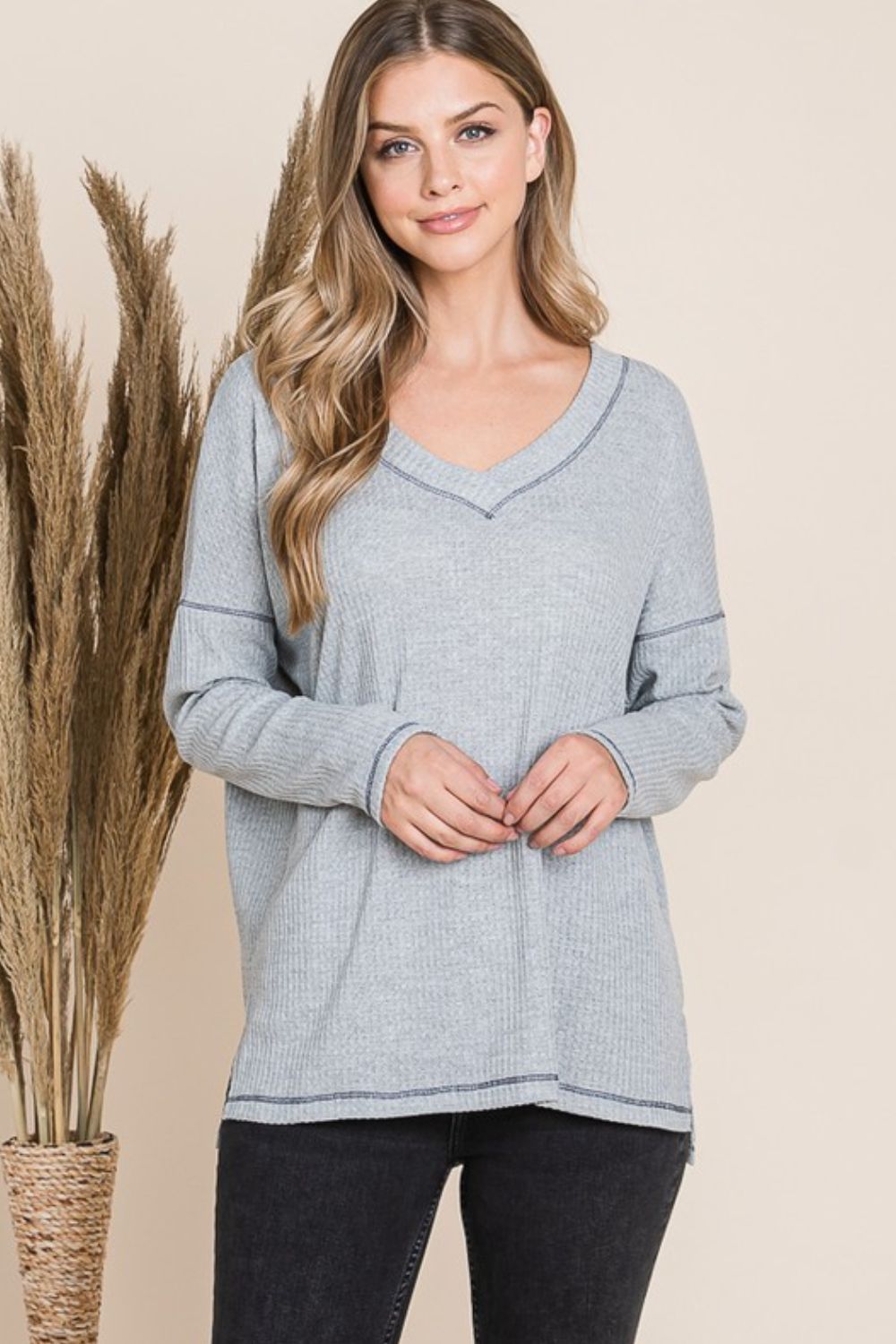 Reborn J - Long Sleeve V - Neck Top in Heather Grey