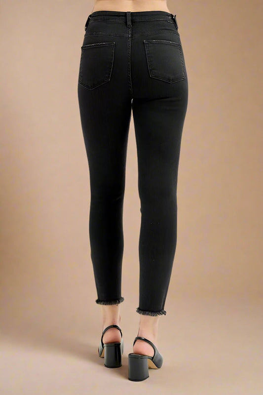 RISEN - Black High Rise Frayed Hem Skinny Jeans