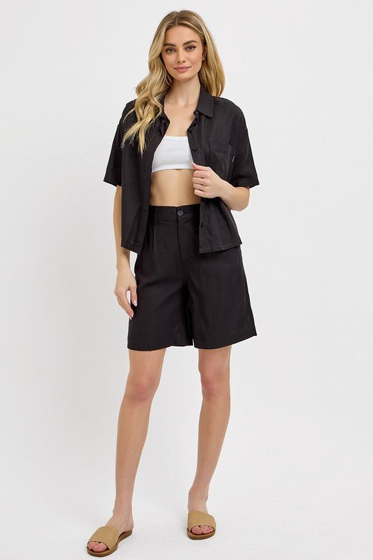 RISEN - Black High Rise Pleated Shorts