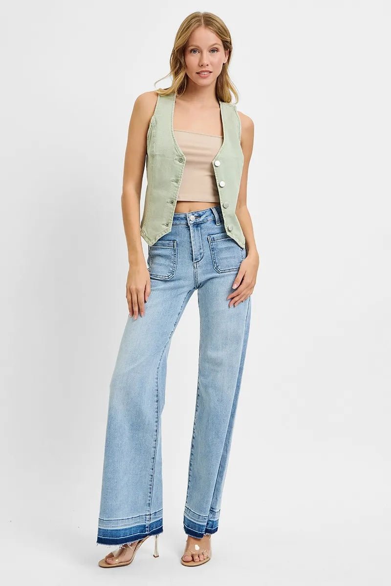 RISEN - Button Down Denim Vest in Sage Green