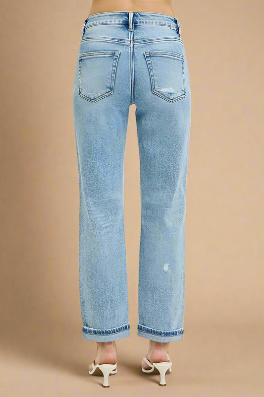 RISEN - Cuffed Distressed Straight Jeans – Light Wash