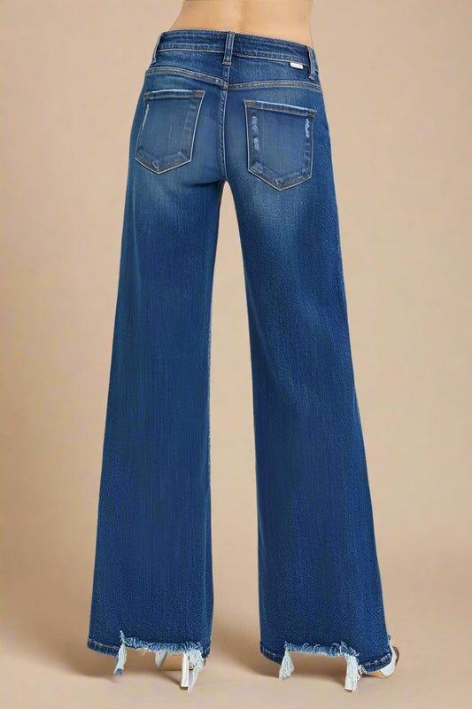 RISEN - Dark Wash Flare Jeans with Raw Hem