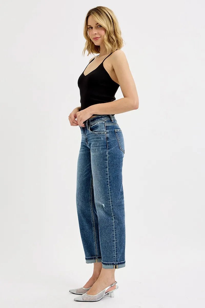 RISEN - Dark Wash Mid Rise Boyfriend Jeans with Cuffed Hem