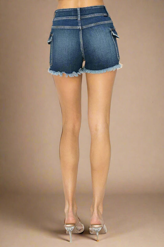 RISEN - Dark Wash Raw Hem Denim Shorts