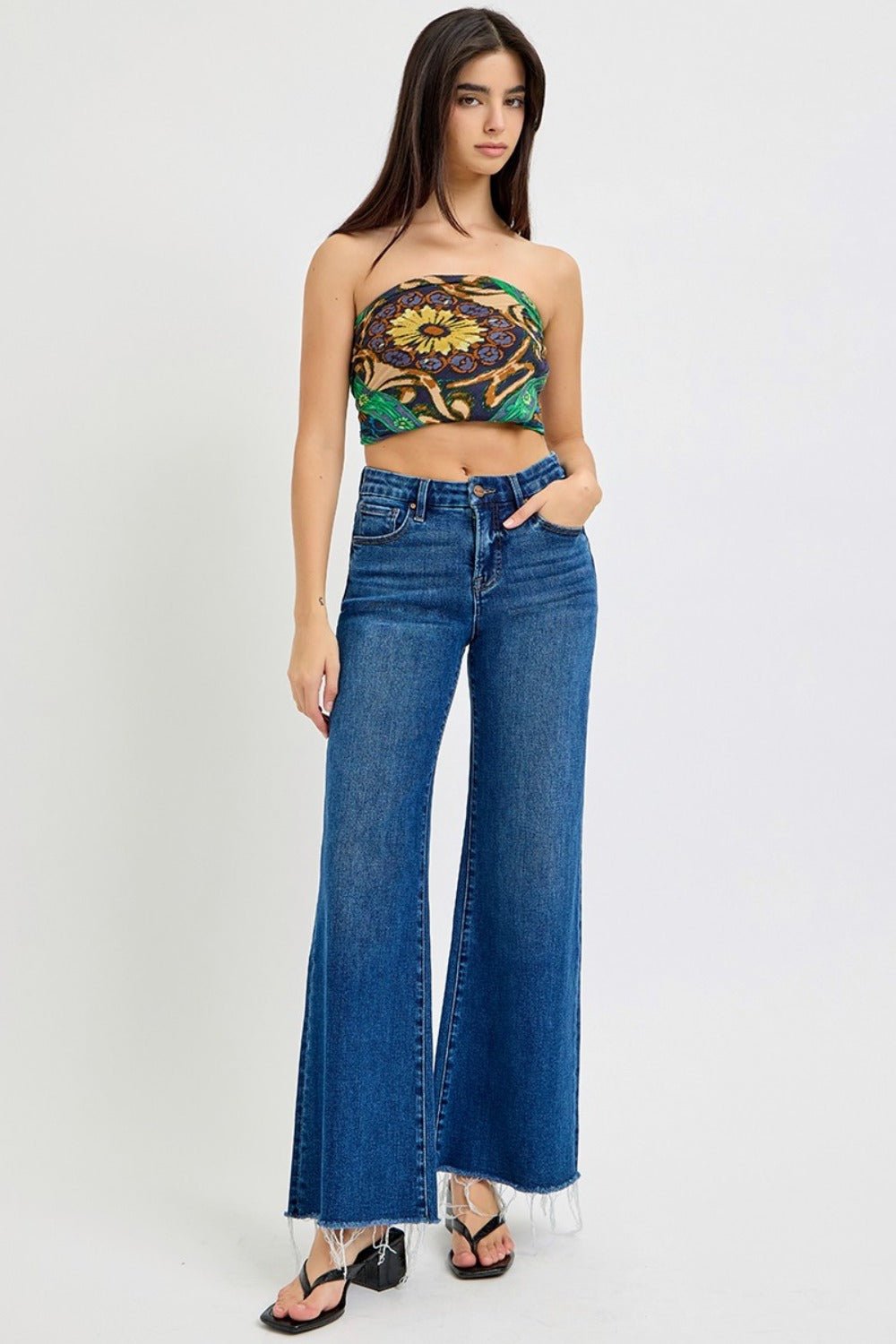 RISEN - Dark Wash Tummy Control High Rise Wide Leg Jeans