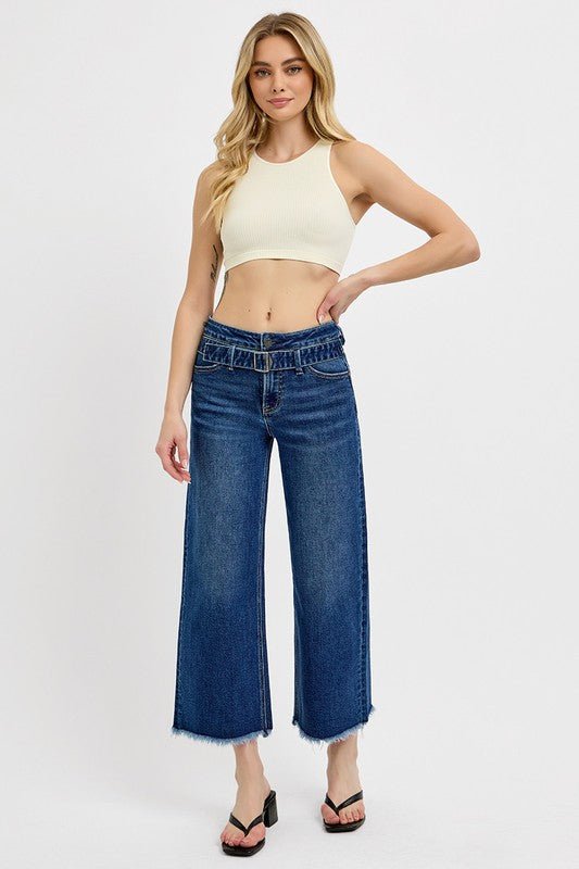 RISEN - Dark Wash Wide Leg Buckle Detail Jeans