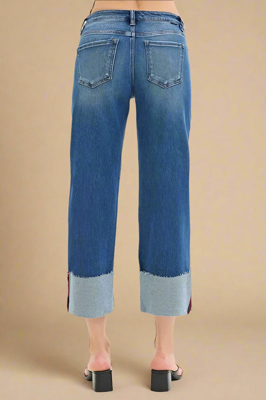 RISEN - Dark Wash Wide Leg Jeans with Cuffed Hem