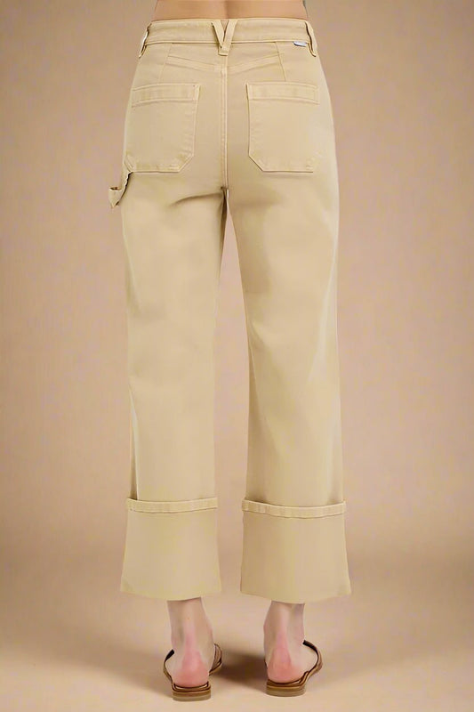 RISEN - High Rise Cuffed Patch Pocket Jeans in Tan