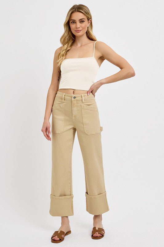 RISEN - High Rise Cuffed Patch Pocket Jeans in Tan