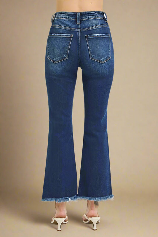 RISEN - High Rise Flare Jeans – Dark Wash with Raw Fringe Hem