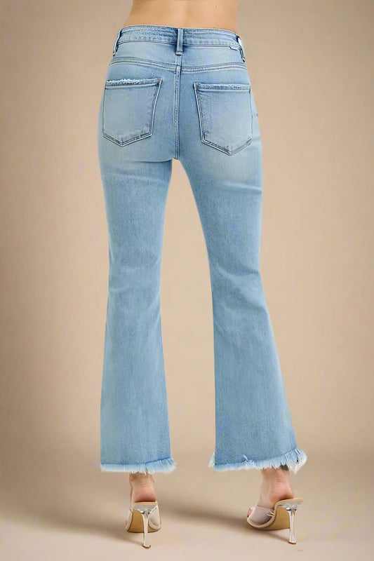 RISEN - High Rise Kick Flare Jeans – Raw Hem Light Wash