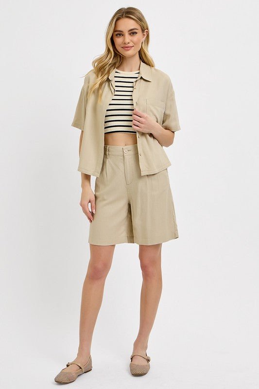 RISEN - High Rise Pleated Shorts in Tan