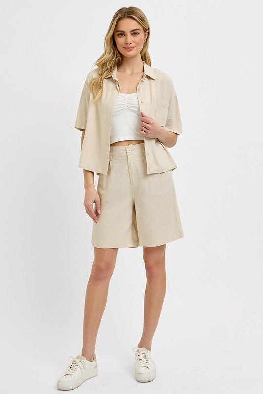 RISEN - High Rise Pleated Shorts in Taupe