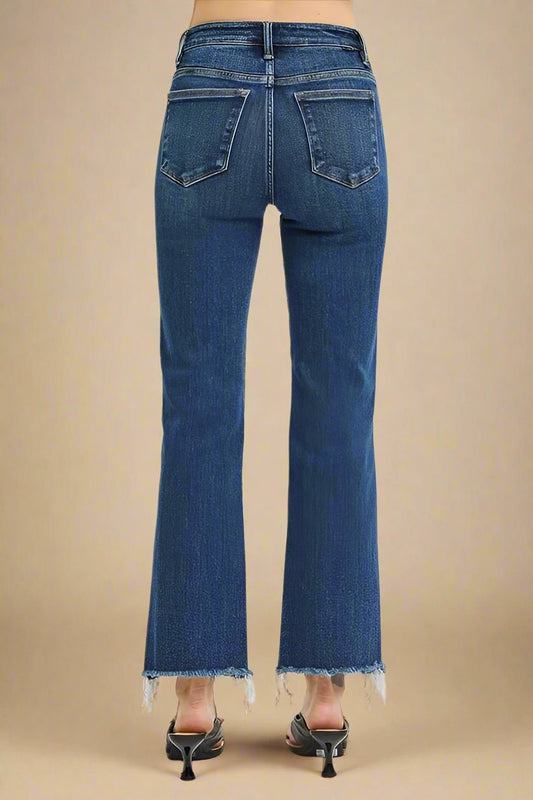 RISEN - High Rise Raw Hem Straight Jeans – Dark Wash