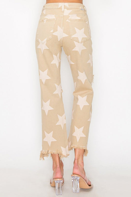 RISEN - High Rise Star Printed Frayed Hem Jeans in Khaki