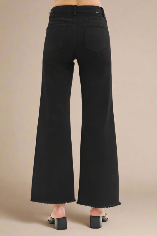 RISEN - High Waist Wide Leg Jeans – Washed Black with Raw Hem