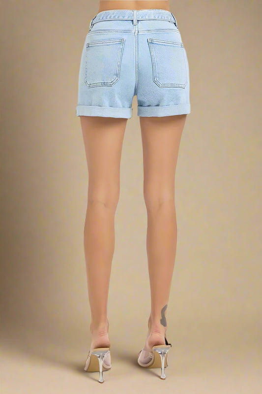 RISEN - Light Wash Cuffed Denim Shorts with Belt