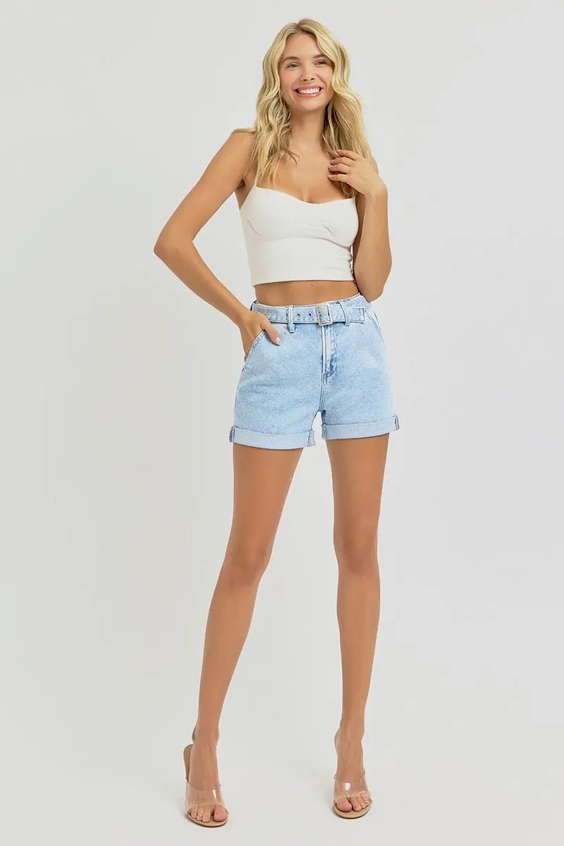 RISEN - Light Wash Cuffed Denim Shorts with Belt
