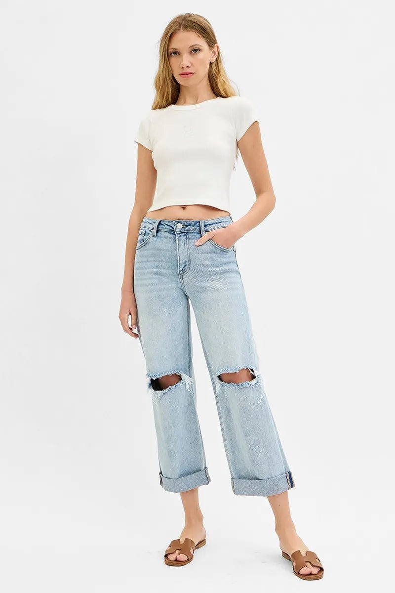 RISEN - Light Wash Distressed Wide Leg Cuffed Jeans