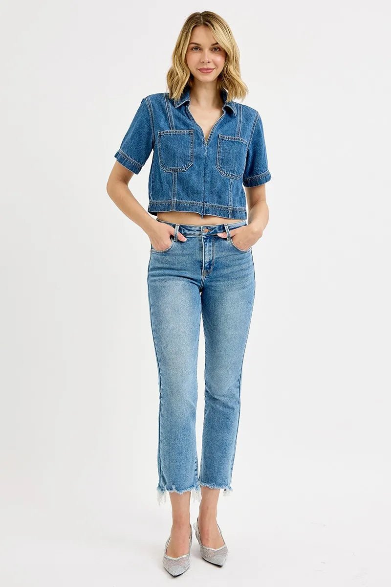 RISEN - Light Wash High Rise Straight Crop Jeans with Frayed Hem