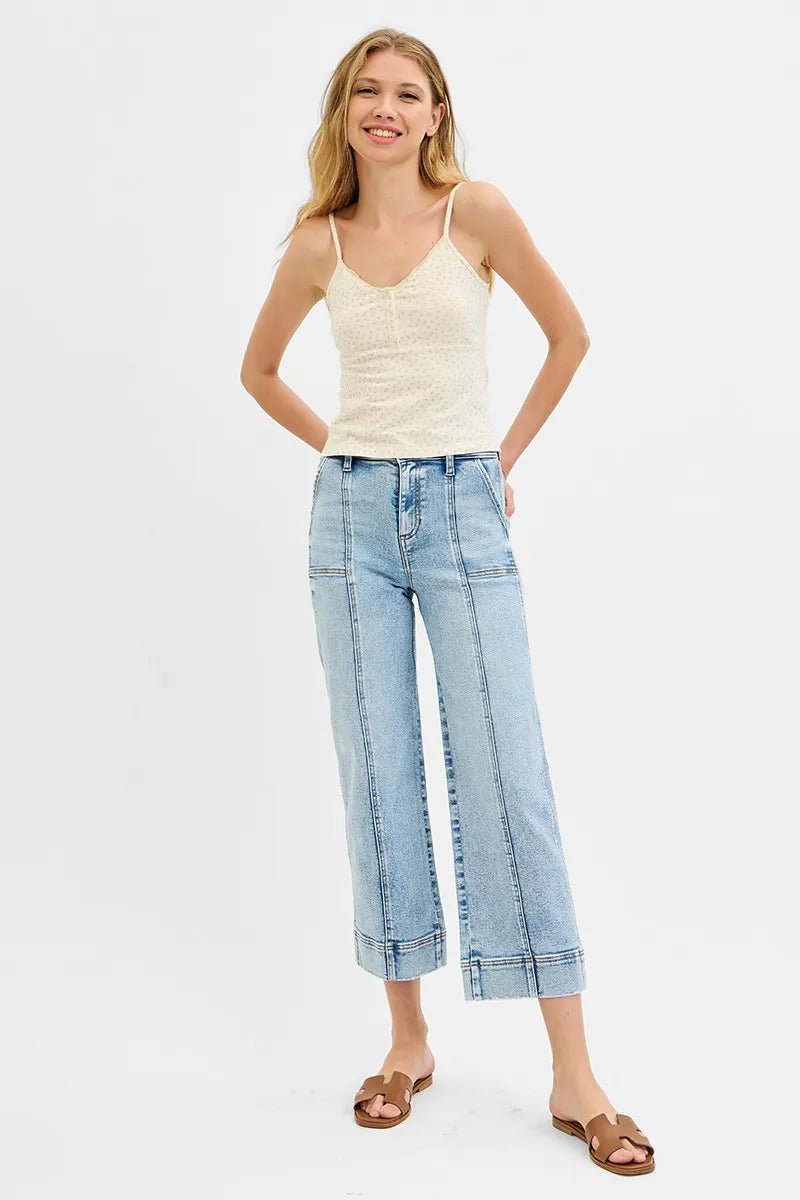 RISEN - Light Wash High Rise Wide Leg Crop Jeans with Seam Detail