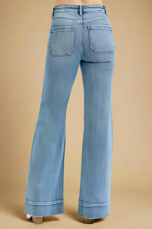 RISEN - Light Wash High Rise Wide Leg Jeans with Front Pockets
