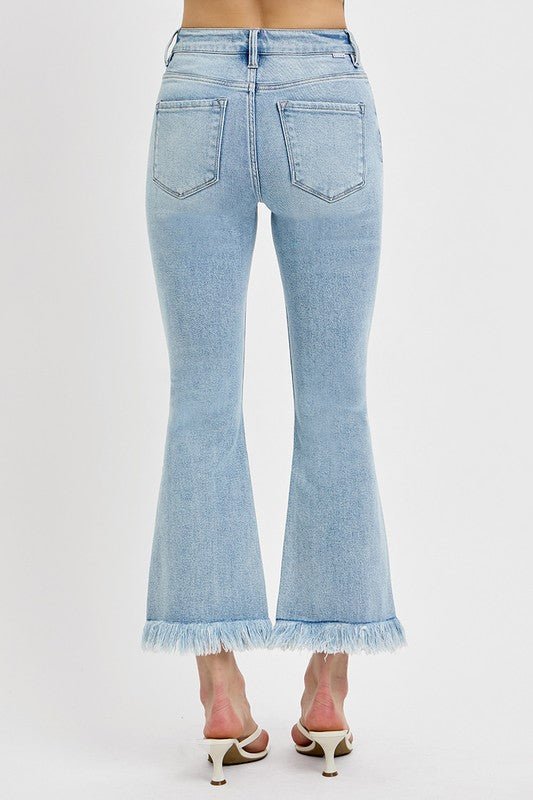 RISEN - Light Wash Raw Hem Distressed Cropped Flare Jeans