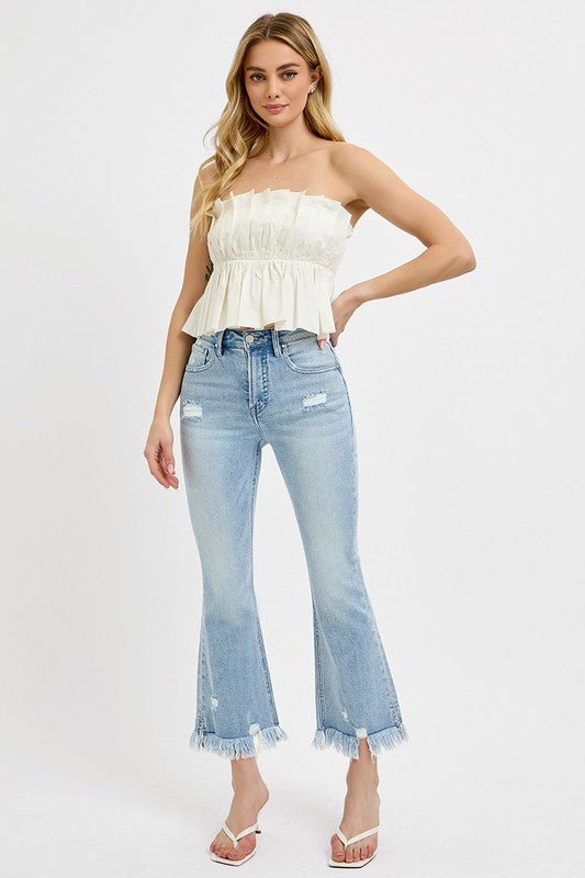 RISEN - Light Wash Raw Hem Distressed Cropped Flare Jeans