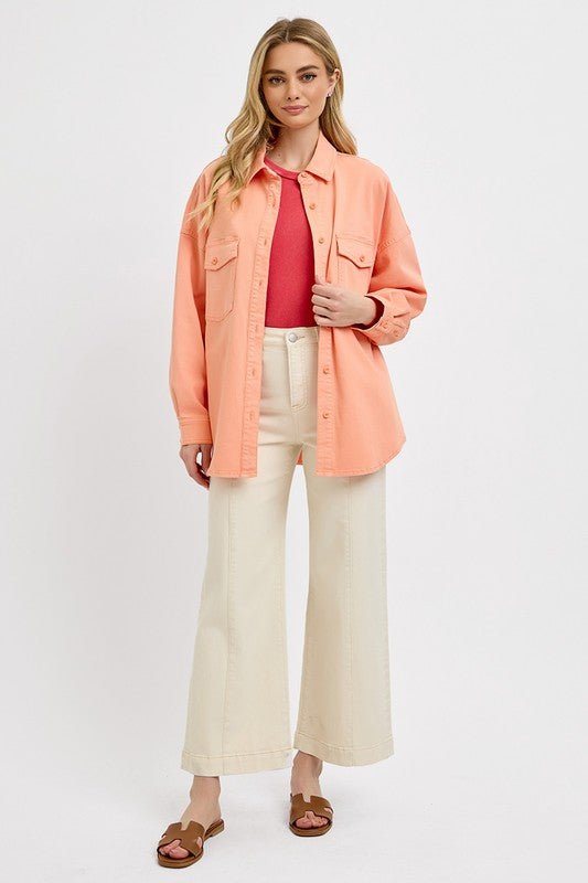 RISEN - Long Sleeve Denim Shacket in Peach