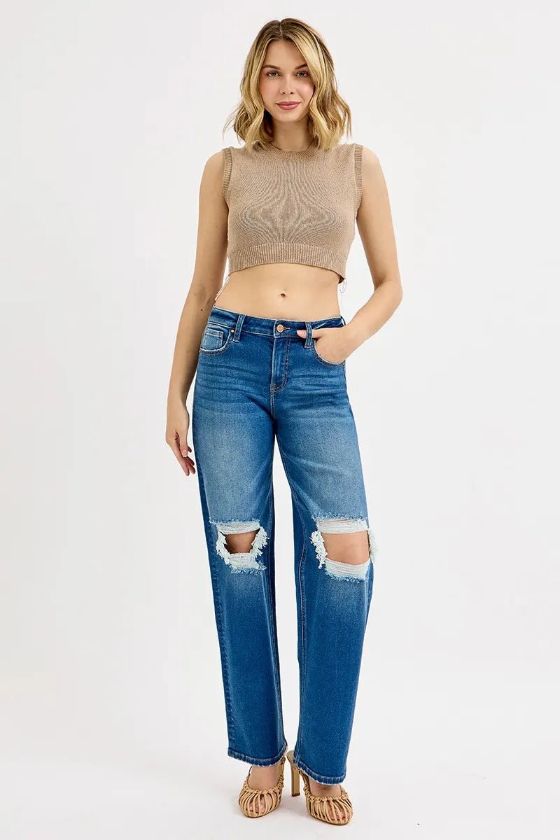 RISEN - Medium Wash High Rise Straight Leg Jeans with Distressed Knees