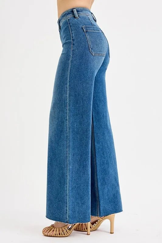 RISEN - Medium Wash High Rise Wide Leg Jeans with Raw Hem