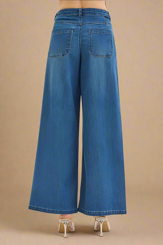 RISEN - Medium Wash Pleated Wide Leg Jeans