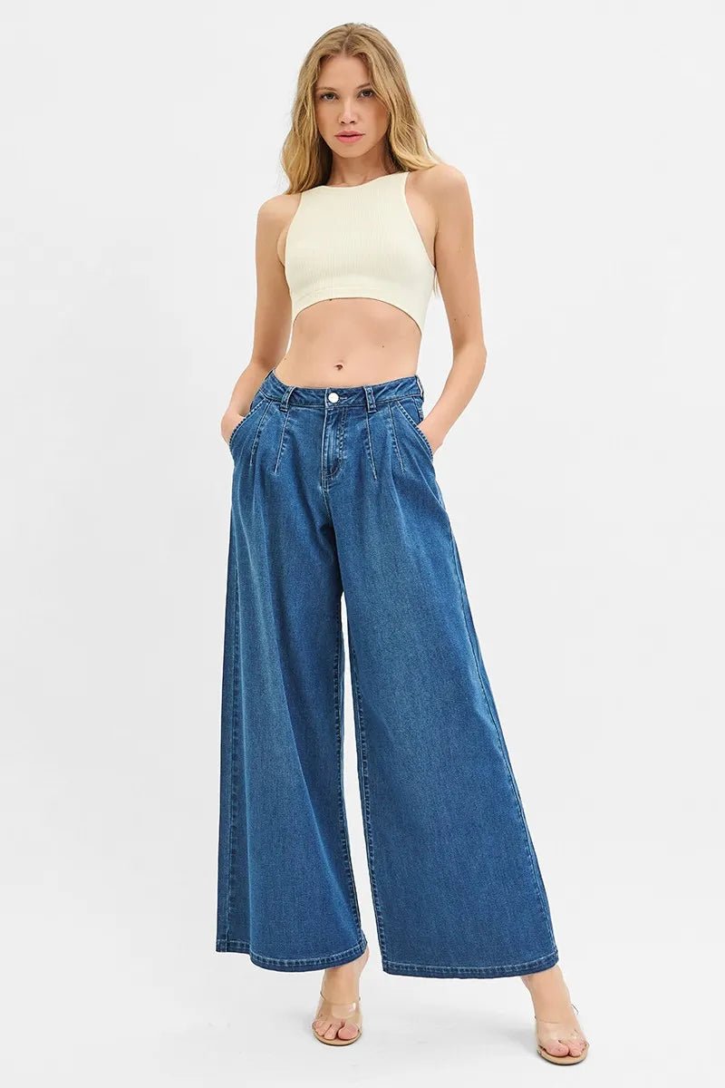 RISEN - Medium Wash Pleated Wide Leg Jeans