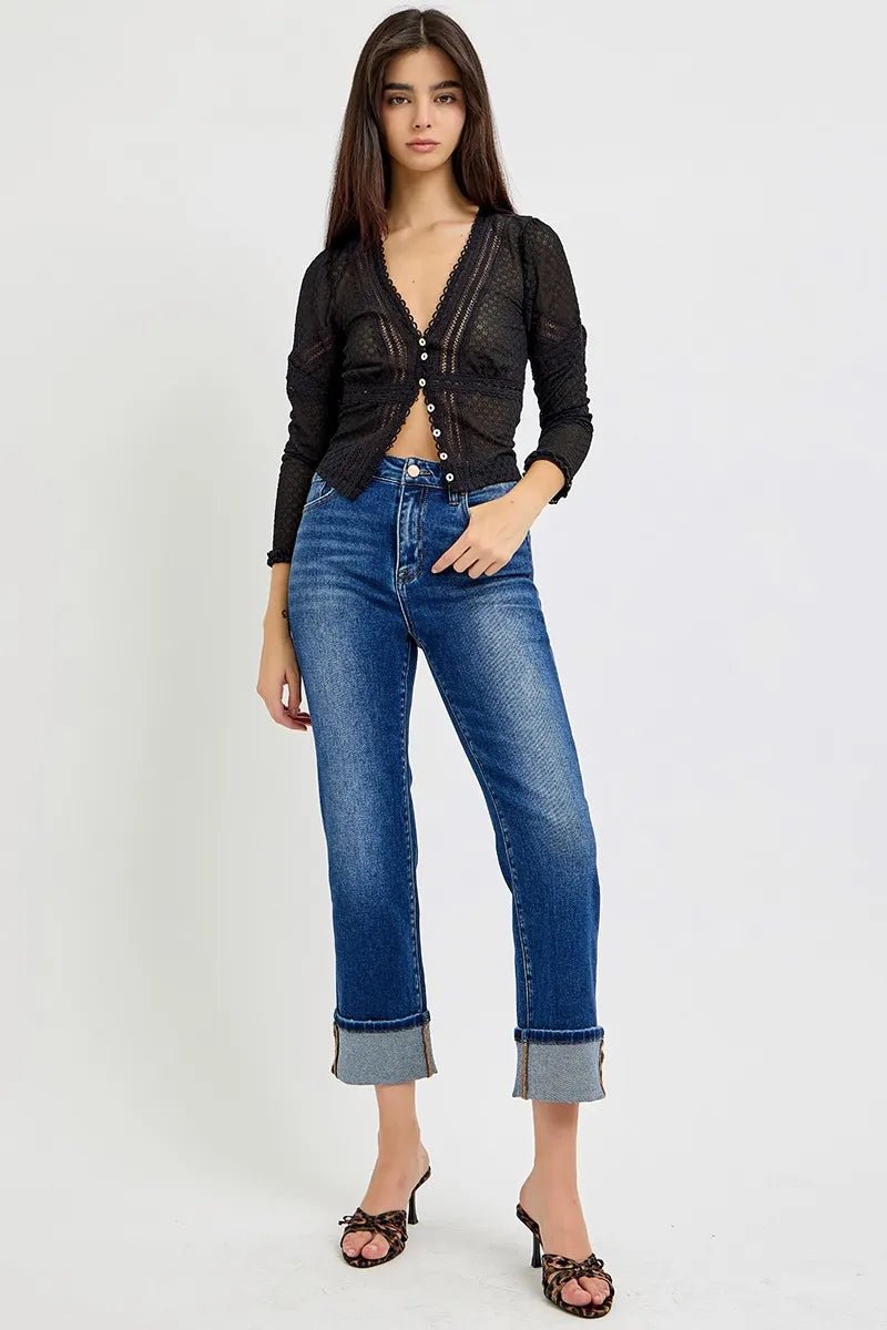 RISEN - Medium Wash Straight Leg Jeans with Wide Cuffed Hem