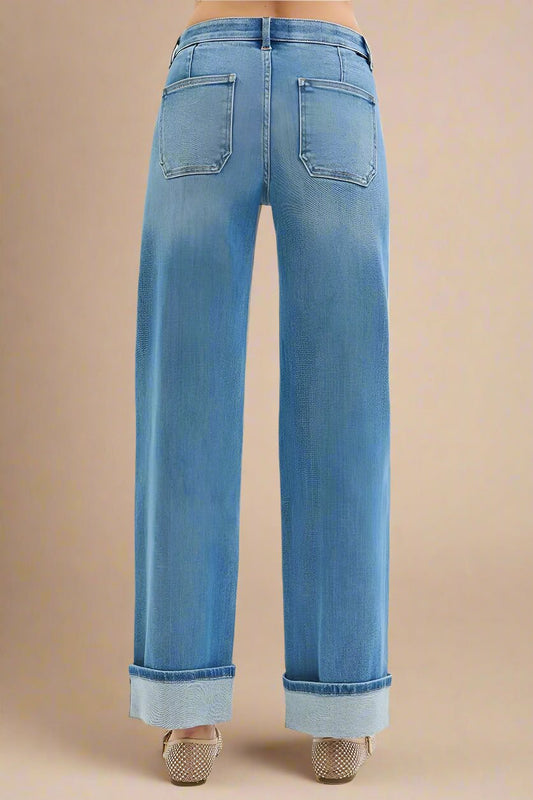 RISEN - Medium Wash Wide Leg Jeans with Front Patch Pockets