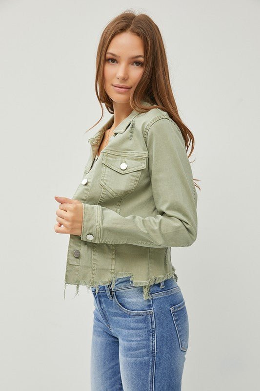 RISEN - Raw Hem Button Up Cropped Denim Jacket in Sage