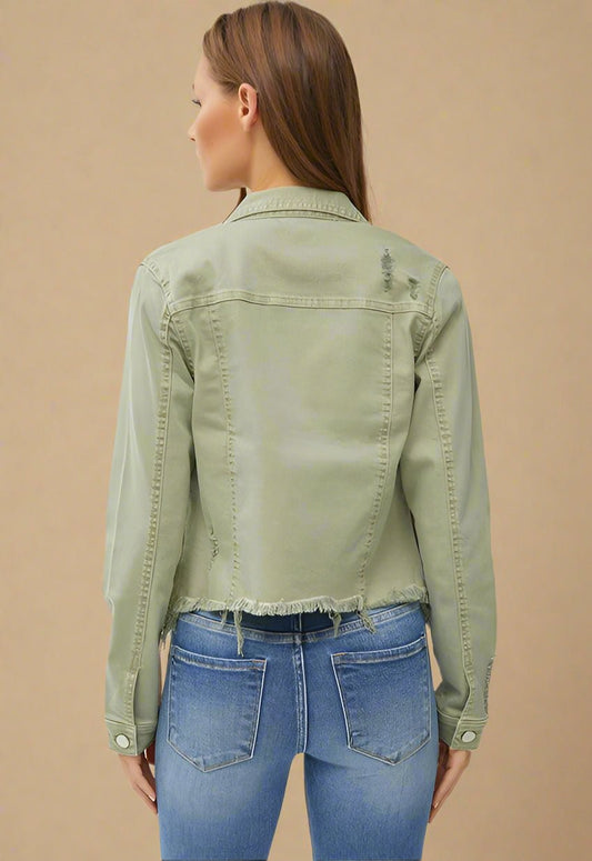 RISEN - Raw Hem Button Up Cropped Denim Jacket in Sage