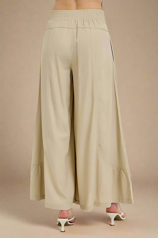 RISEN - Shirring Detail Wide Leg Pants in Tan