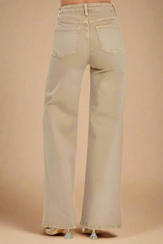 RISEN - Tummy Control High Rise Wide Leg Jeans in Tan