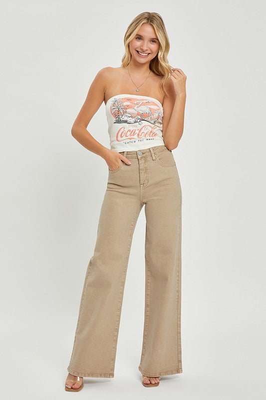 RISEN - Tummy Control High Rise Wide Leg Jeans in Tan