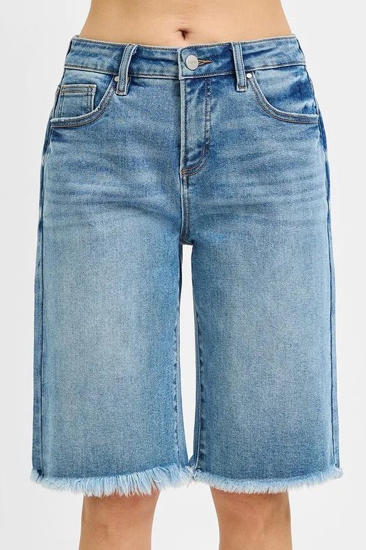RISEN - Washed Denim Frayed Hem Bermuda Shorts