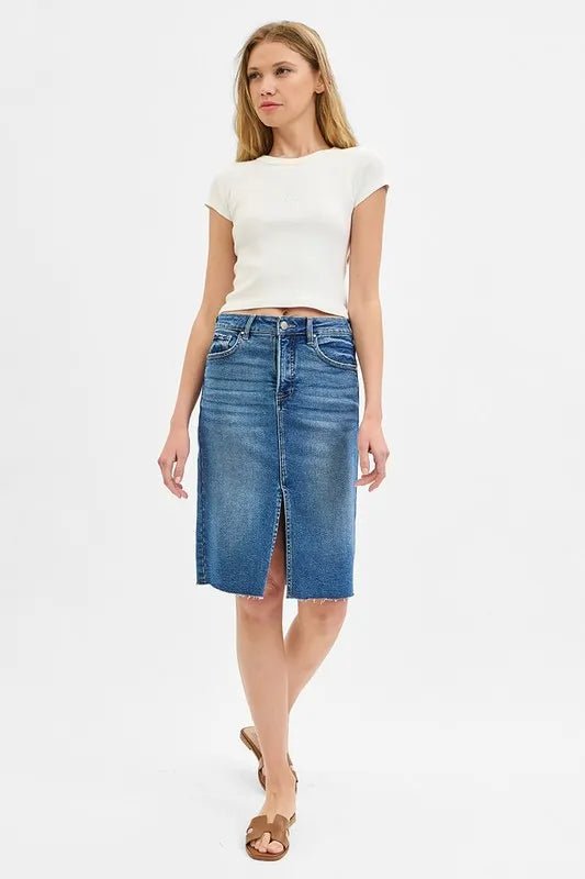 RISEN - Washed Denim Front - Slit Midi Skirt